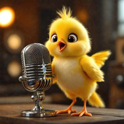 The primary subject of the image is a small yellow bird, which is standing on a table and holding a microphone. The bird appears to be a cartoon character, and the setting is a studio environment. The visual style of the image is a combination of photo and digital art, creating a unique and whimsical scene. The colors and mood of the image are bright and cheerful, with the yellow bird being the main focus and the microphone adding a touch of humor to the scene.